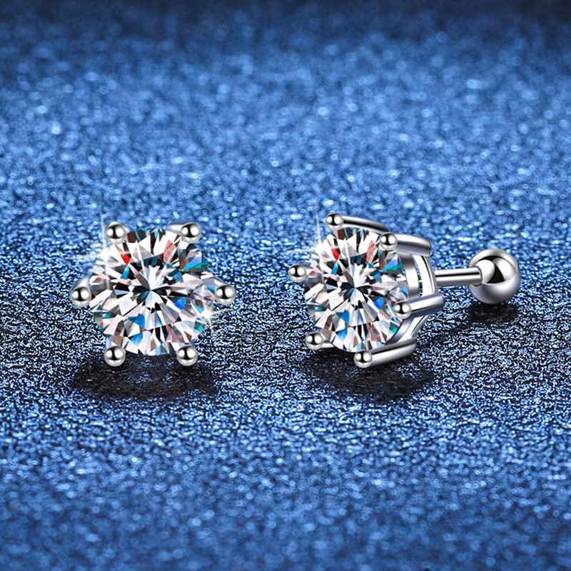 Unisex S925 Sterling Silver Screw Thread Classic Six-Claw Earrings for Women One Carat Mulberry Stone Earrings