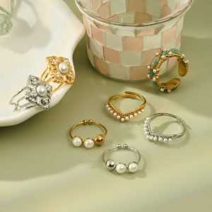 Pearl Inlaid French Women's Ring European Poplar Multi-color Gold And Silver Opening Adjustment Design