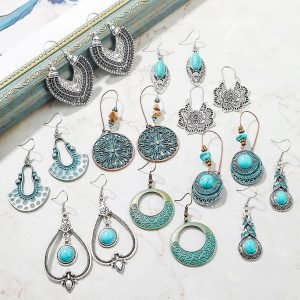 2024 New Popular Ethnic Style Earrings European and American Turquoise Retro National Style Earrings Set Bohemian Earrings